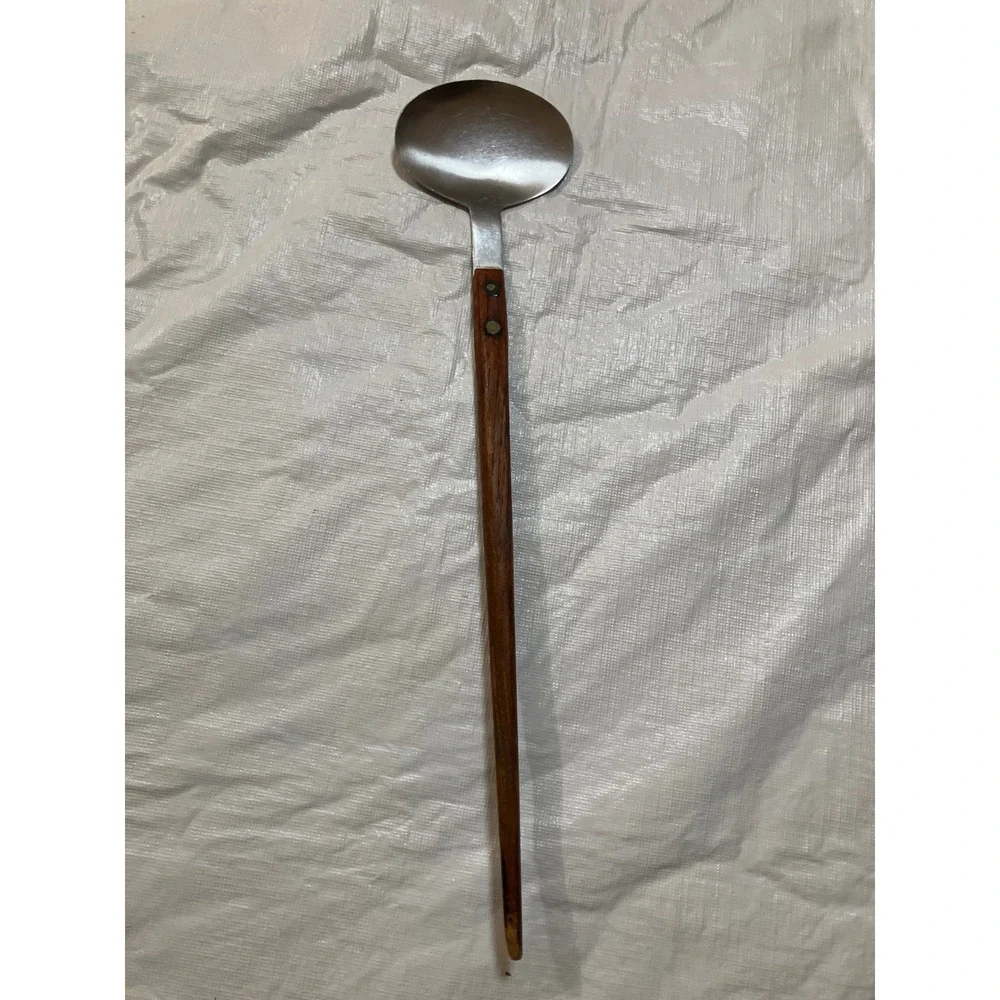 Vintage Stainless Steel Cooking Spoon Long Wooden Handle Kitchen Utensil